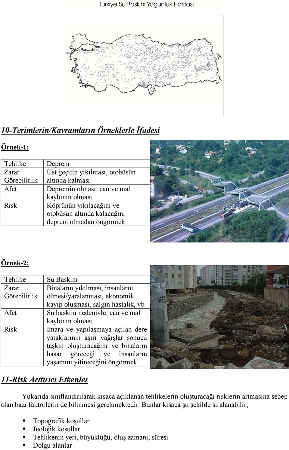 oluşması, salgın hastalık, vb Su baskını nedeniyle, can ve mal kaybının olması İmara ve yapılaşmaya açılan dere yataklarının aşırı yağışlar sonucu taşkın oluşturacağını ve binaların hasar göreceği ve