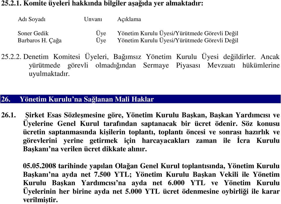 Ancak yürütmede görevli olmadığından Sermaye Piyasası Mevzuatı hükümlerine uyulmaktadır. 26. Yönetim Kurulu na Sağlanan Mali Haklar 26.1.