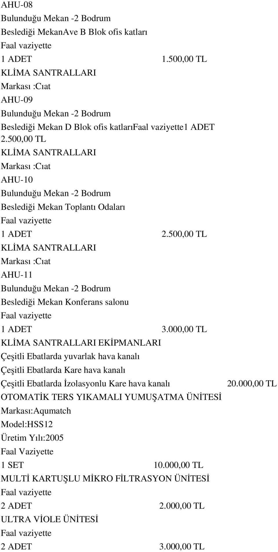 000,00 TL EKİPMANLARI Çeşitli Ebatlarda yuvarlak hava kanalı Çeşitli Ebatlarda Kare hava kanalı Çeşitli Ebatlarda İzolasyonlu Kare hava kanalı OTOMATİK