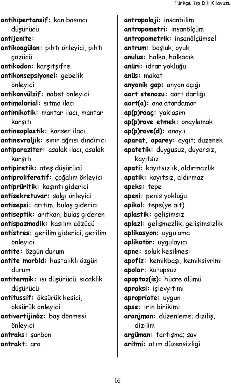 antiproliferatif: çoğalım önleyici antiprüritik: kaşıntı giderici antisekretuvar: salgı önleyici antisepsi: arıtım, bulaş giderici antiseptik: arıtkan, bulaş gideren antispazmodik: kasılım çözücü