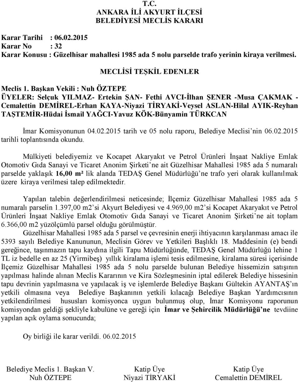 YAĞCI-Yavuz KÖK-Bünyamin TÜRKCAN İmar Komisyonunun 04.02.2015 tarih ve 05 nolu raporu, Belediye Meclisi nin 06.02.2015 tarihli toplantısında okundu.