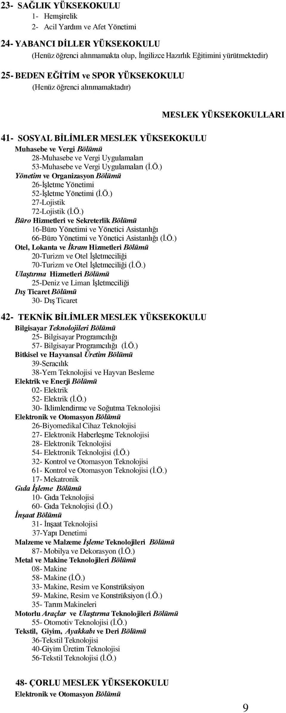 Uygulamaları (İ.Ö.) Yönetim ve Organizasyon Bölümü 26-İşletme Yönetimi 52-İşletme Yönetimi (İ.Ö.) 27-Lojistik 72-Lojistik (İ.Ö.) Büro Hizmetleri ve Sekreterlik Bölümü 16-Büro Yönetimi ve Yönetici Asistanlığı 66-Büro Yönetimi ve Yönetici Asistanlığı (İ.