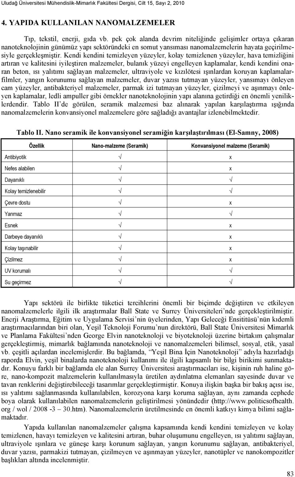 Kendi kendini temizleyen yüzeyler, kolay temizlenen yüzeyler, hava temizliğini artıran ve kalitesini iyileştiren malzemeler, bulanık yüzeyi engelleyen kaplamalar, kendi kendini onaran beton, ısı