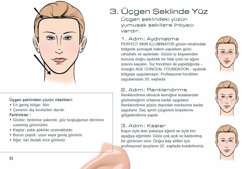 Gözün iç köşesinden sonuna doğru aydınlık bir hilal çizin ve ağzın üzerini kapatın. Toz fondöten ile yapıldığında örneğin AGE CONCEAL FOUNDATION - aydınlık bölgeye uygulamayın.