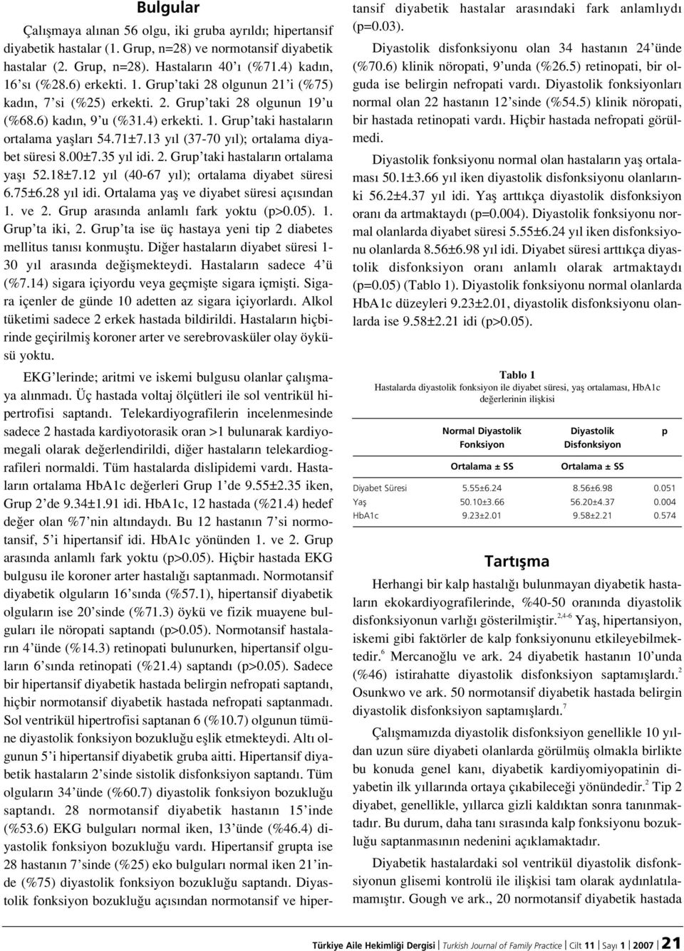 13 y l (37-70 y l); ortalama diyabet süresi 8.00±7.35 y l idi. 2. Grup taki hastalar n ortalama yafl 52.18±7.12 y l (40-67 y l); ortalama diyabet süresi 6.75±6.28 y l idi.