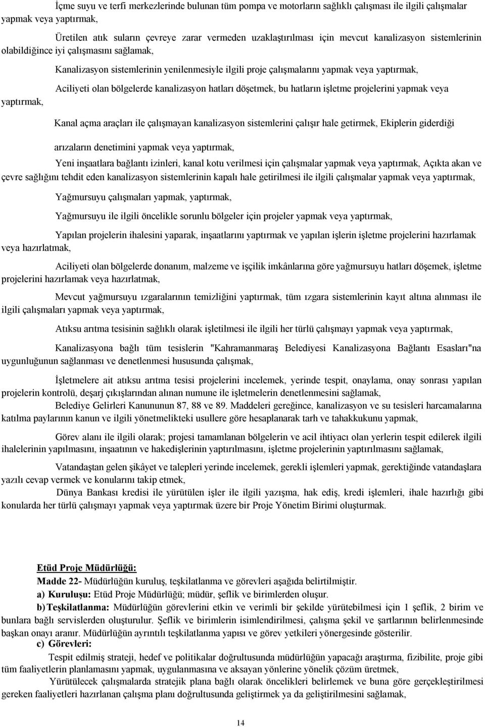 bölgelerde kanalizasyon hatları döşetmek, bu hatların işletme projelerini yapmak veya Kanal açma araçları ile çalışmayan kanalizasyon sistemlerini çalışır hale getirmek, Ekiplerin giderdiği