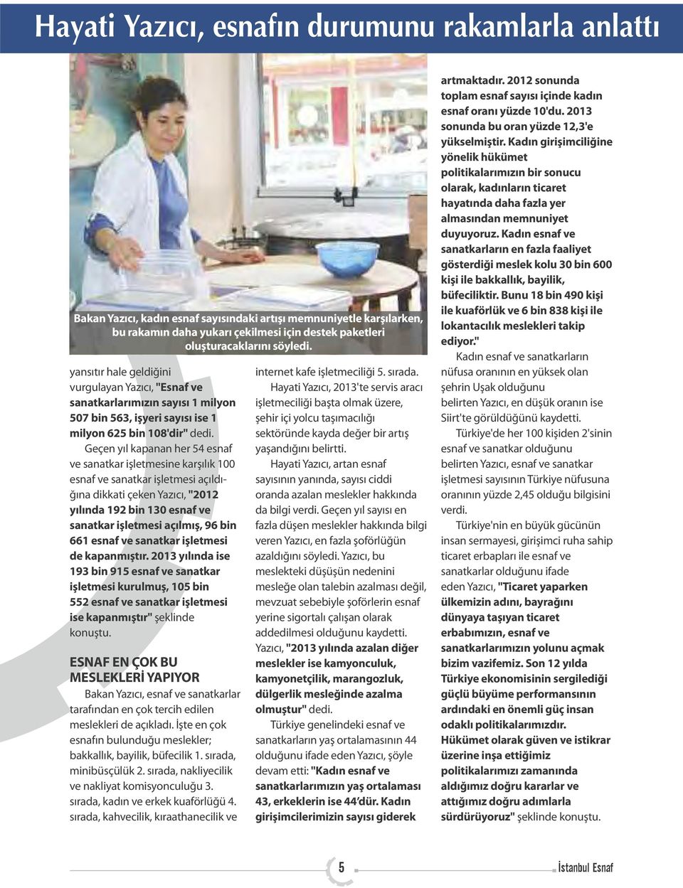 Geçen yıl kapanan her 54 esnaf ve sanatkar işletmesine karşılık 100 esnaf ve sanatkar işletmesi açıldığına dikkati çeken Yazıcı, "2012 yılında 192 bin 130 esnaf ve sanatkar işletmesi açılmış, 96 bin