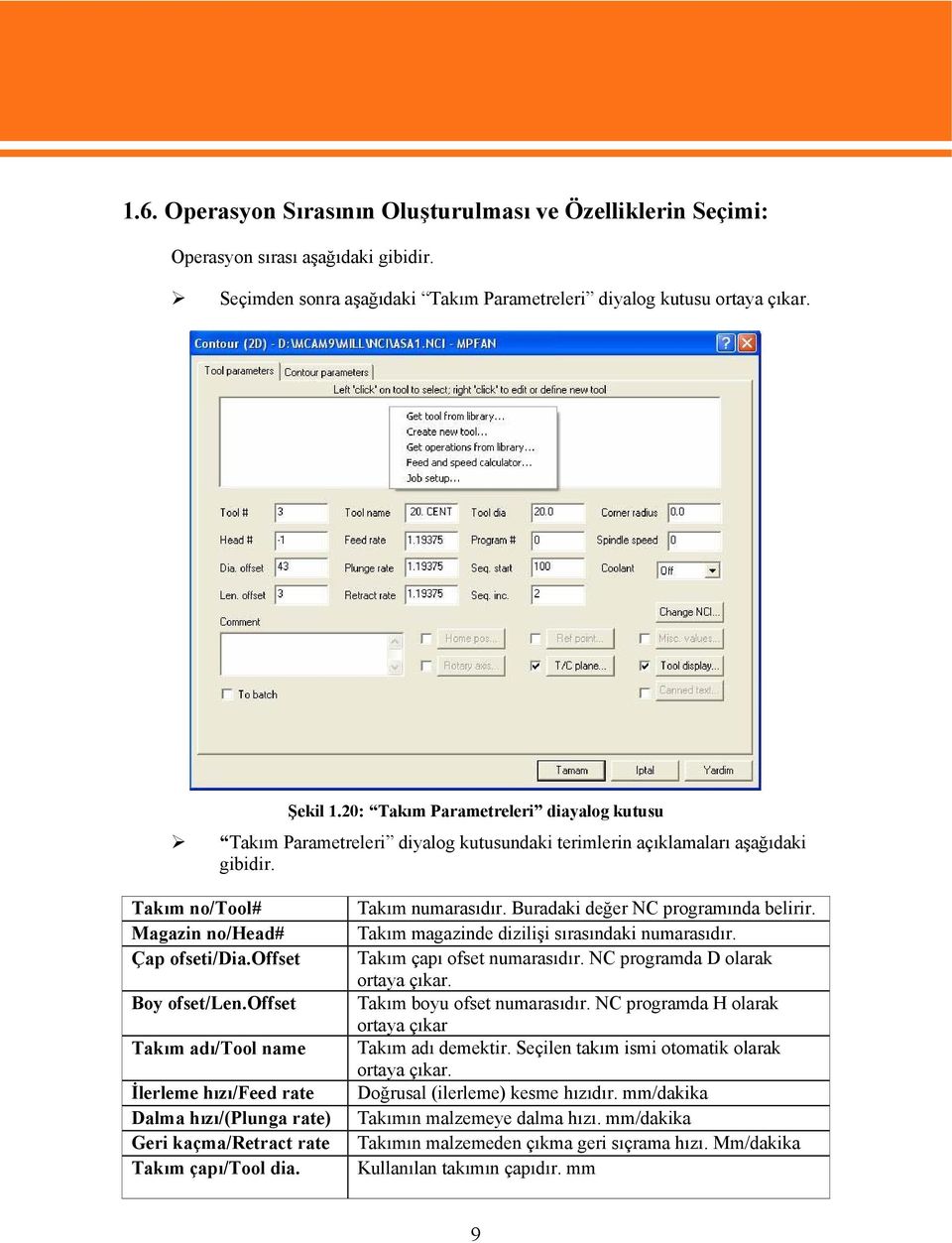 offset Takım adı/tool name İlerleme hızı/feed rate Dalma hızı/(plunga rate) Geri kaçma/retract rate Takım çapı/tool dia. Takım numarasıdır. Buradaki değer NC programında belirir.