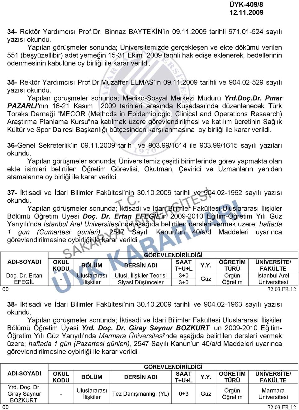 ödenmesinin kabulüne oy birliği ile karar 35- Rektör Yardımcısı Prof.Dr.Muzaffer ELMAS ın 09.11.2009 tarihli ve 904.02-529 sayılı yazısı Yapılan görüşmeler sonunda; Mediko-Sosyal Merkezi Müdürü Yrd.