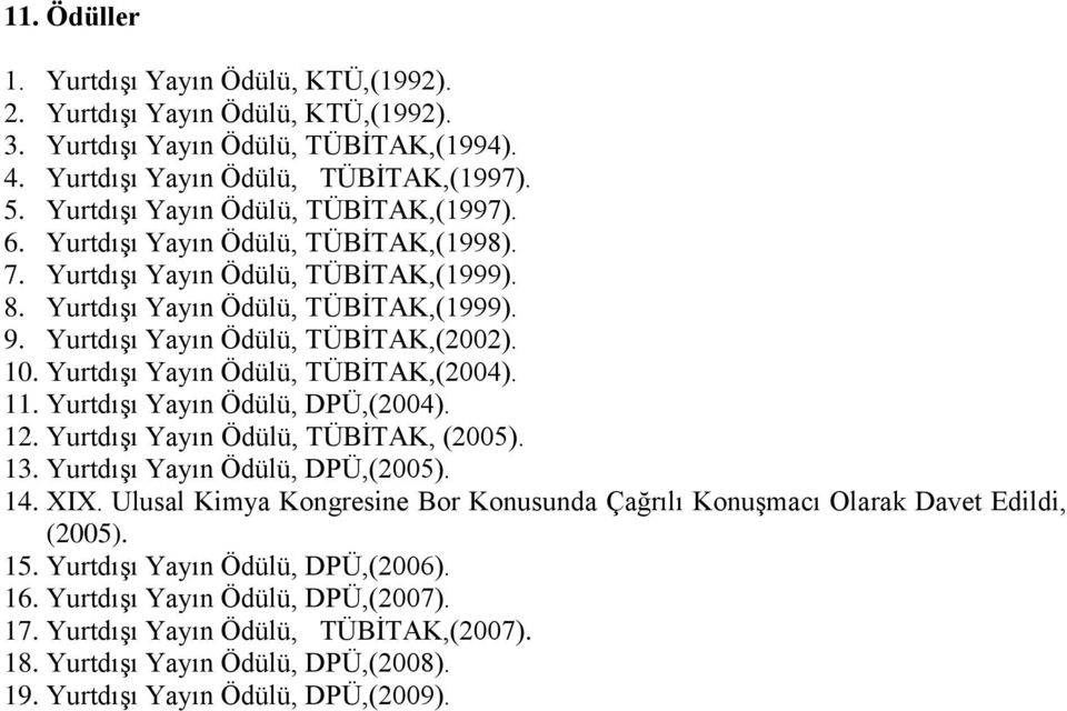 Yurtdışı Yayın Ödülü, TÜBİTAK,(2002). 10. Yurtdışı Yayın Ödülü, TÜBİTAK,(2004). 11. Yurtdışı Yayın Ödülü, DPÜ,(2004). 12. Yurtdışı Yayın Ödülü, TÜBİTAK, (2005). 13. Yurtdışı Yayın Ödülü, DPÜ,(2005).