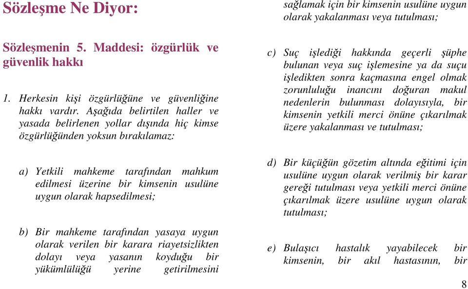 hapsedilmesi; b) Bir mahkeme tarafından yasaya uygun olarak verilen bir karara riayetsizlikten dolayı veya yasanın koyduu bir yükümlülüü yerine getirilmesini salamak için bir kimsenin usulüne uygun