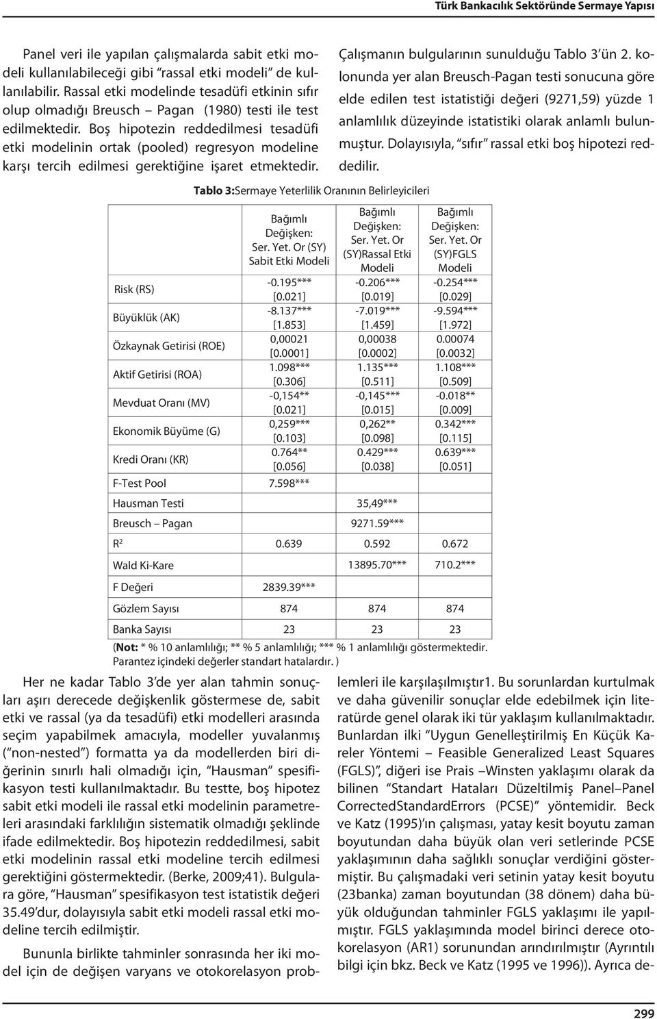 Boş hipotezin reddedilmesi tesadüfi etki modelinin ortak (pooled) regresyon modeline karşı tercih edilmesi gerektiğine işaret etmektedir.