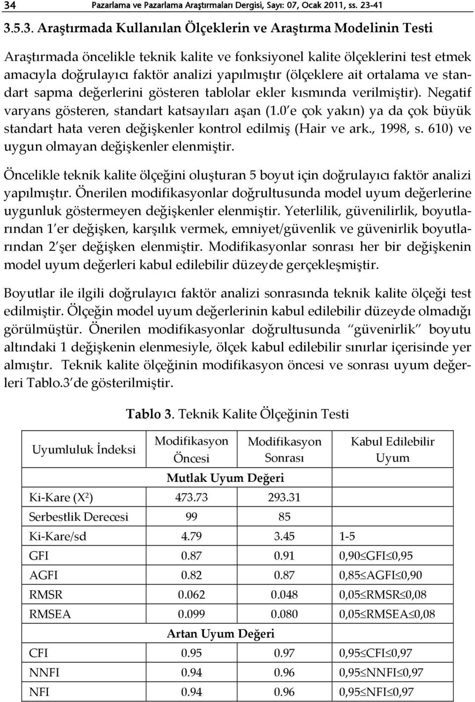 Negatif varyans gösteren, standart katsayıları aşan (1.0 e çok yakın) ya da çok büyük standart hata veren değişkenler kontrol edilmiş (Hair ve ark., 1998, s.