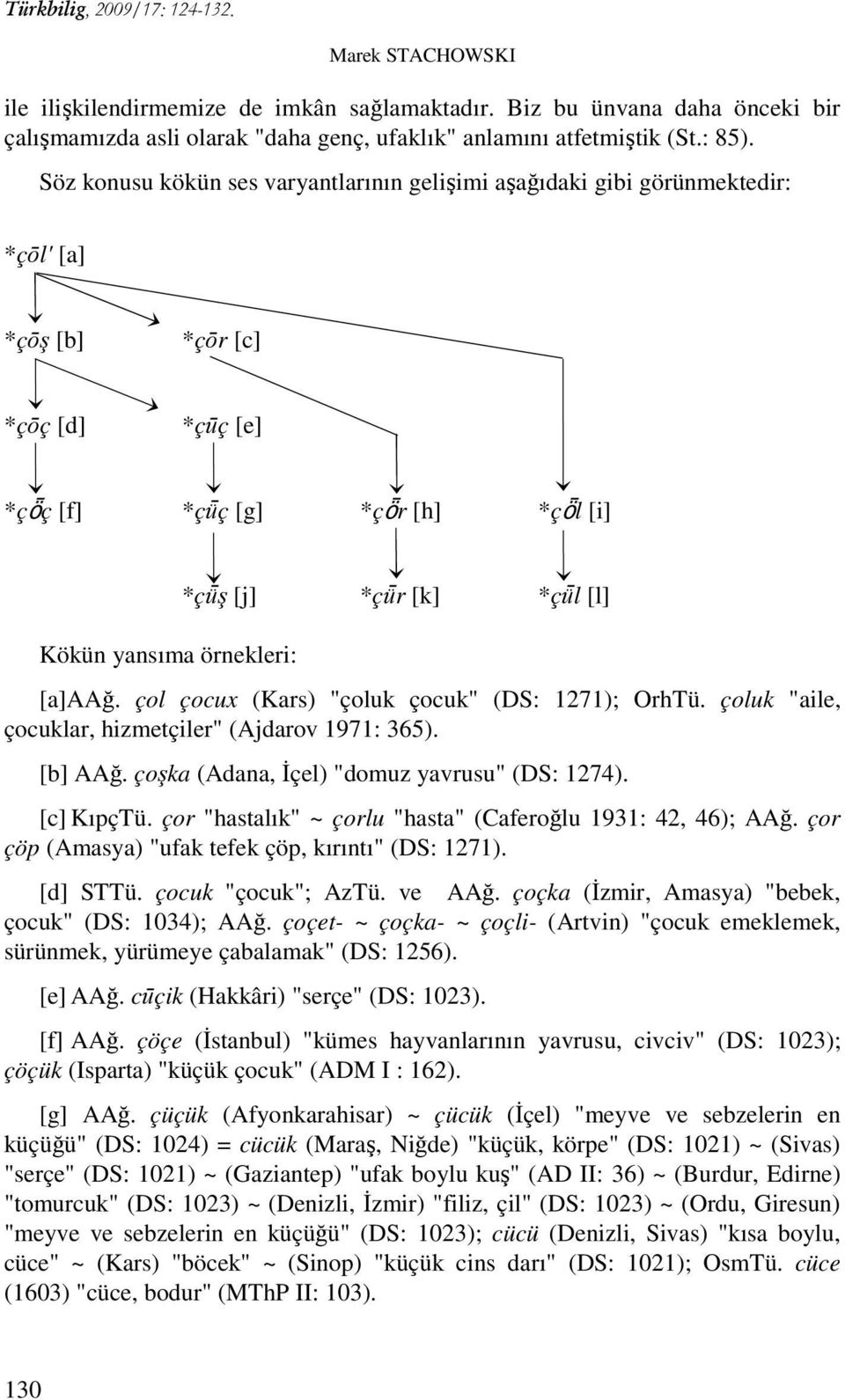 *çǖl [l] [a]aağ. çol çocux (Kars) "çoluk çocuk" (DS: 1271); OrhTü. çoluk "aile, çocuklar, hizmetçiler" (Ajdarov 1971: 365). [b] AAğ. çoşka (Adana, İçel) "domuz yavrusu" (DS: 1274). [c] KıpçTü.