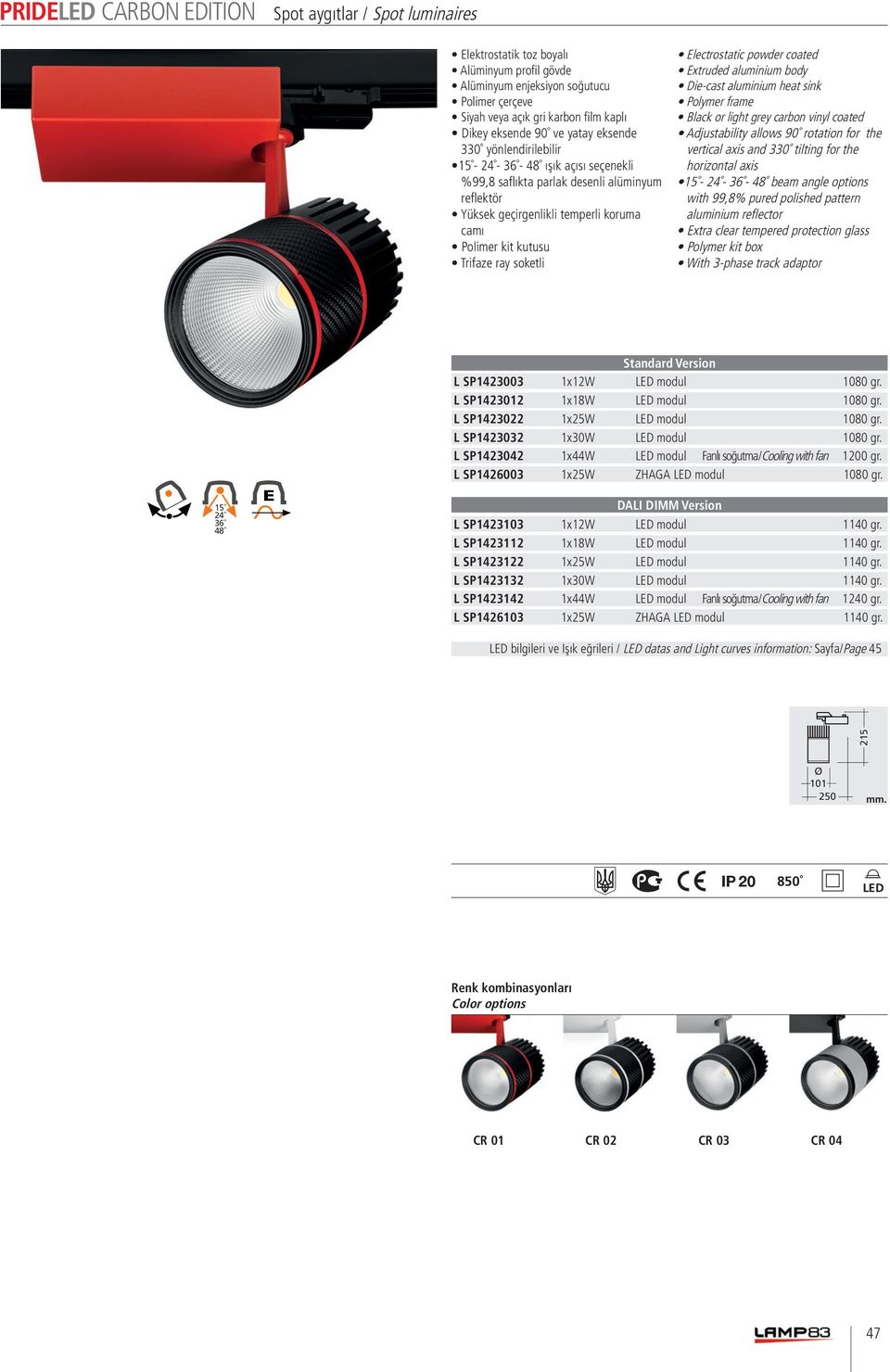 tilting for the - - - beam angle options Polymer kit box With 3-phase track adaptor L SP1423003 1x12W modul 1080 gr. L SP1423012 1x18W modul 1080 gr. L SP1423022 1x25W modul 1080 gr.