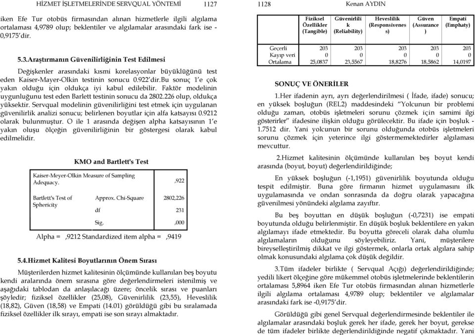 Araştırmanın Güvenilirliğinin Test Edilmesi Değişkenler arasındaki kısmi korelasyonlar büyüklüğünü test eden Kaiser-Mayer-Olkin testinin sonucu 0.922 dir.