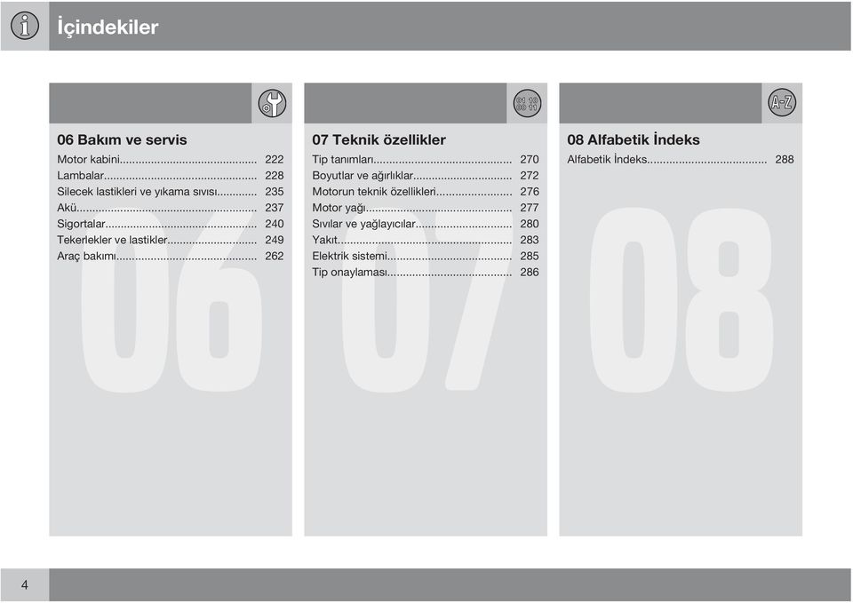 .. 270 Boyutlar ve ağırlıklar... 272 Motorun teknik özellikleri... 276 Motor yağı... 277 Sıvılar ve yağlayıcılar.