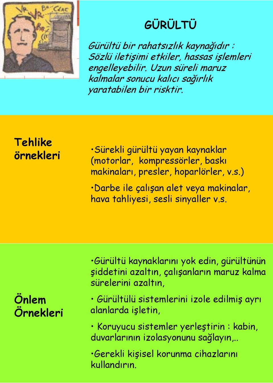 Sürekli gürültü yayan kaynaklar (motorlar, kompressörler, baskı makinaları, presler, hoparlörler, v.s.) Darbe ile çalışan alet veya makinalar, hava tahliyesi, sesli sinyaller v.