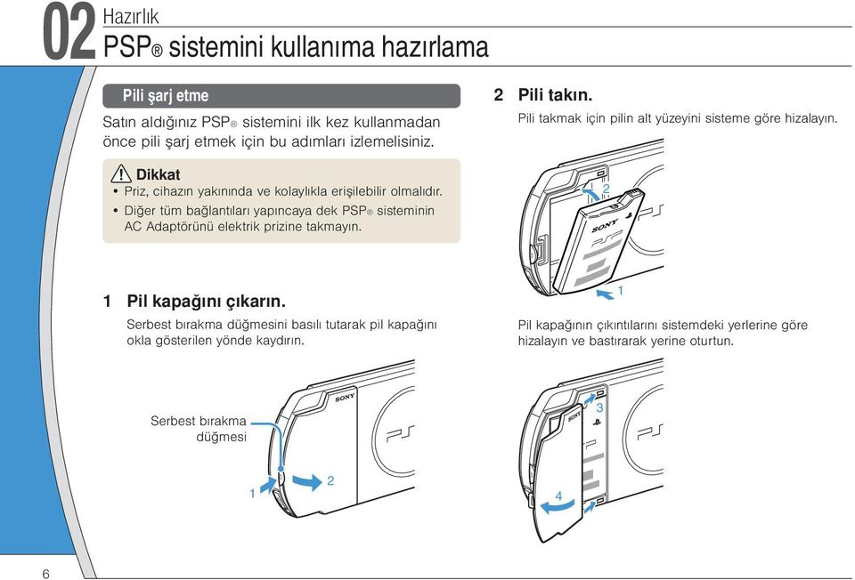 Diğer tüm bağlantıları yapıncaya dek PSP sisteminin AC Adaptörünü elektrik prizine takmayın. 2 Pili takın.