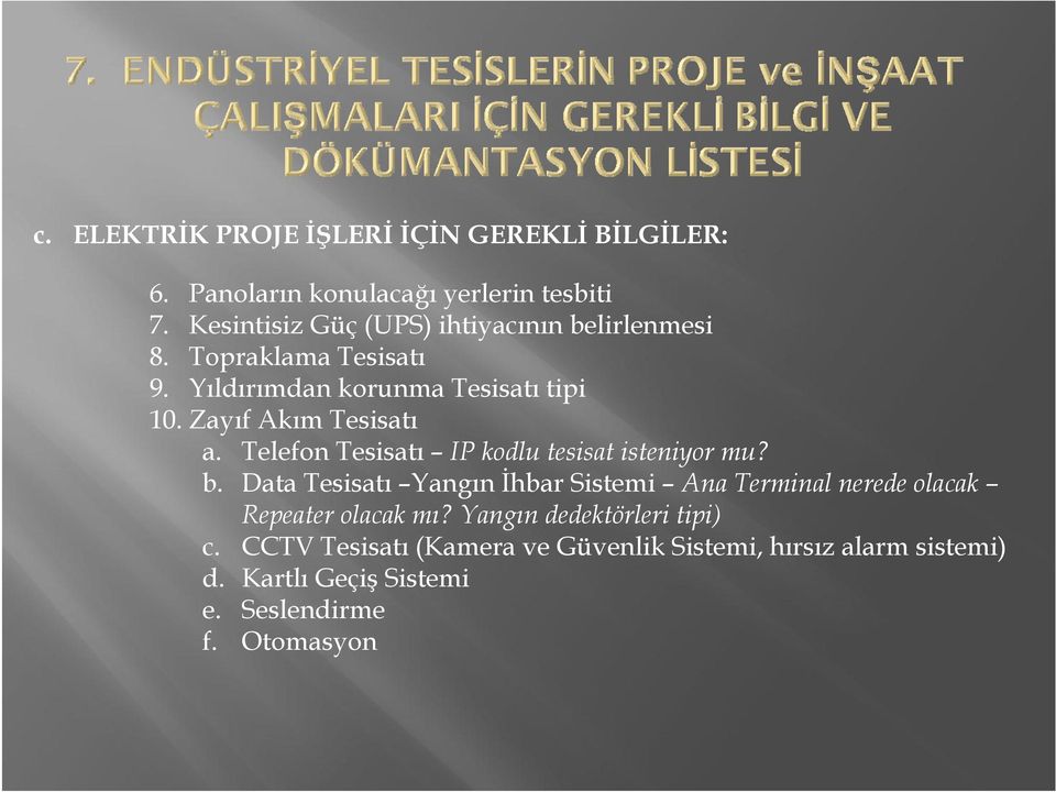 Zayıf Akım Tesisatı a. Telefon Tesisatı IP kodlu tesisat isteniyor mu? b.