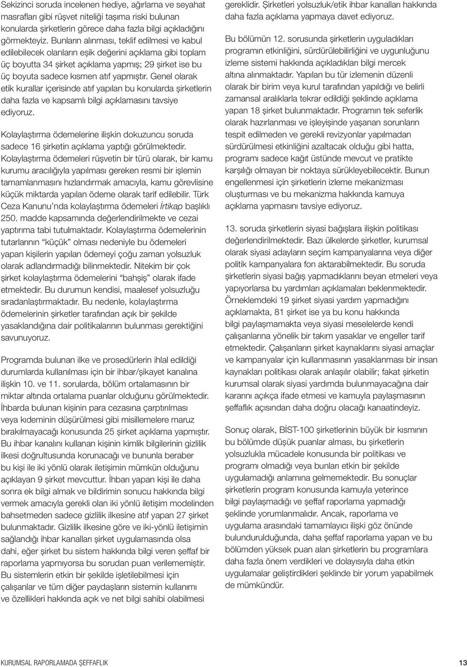 Genel olarak etik kurallar içerisinde atıf yapılan bu konularda şirketlerin daha fazla ve kapsamlı bilgi açıklamasını tavsiye ediyoruz.