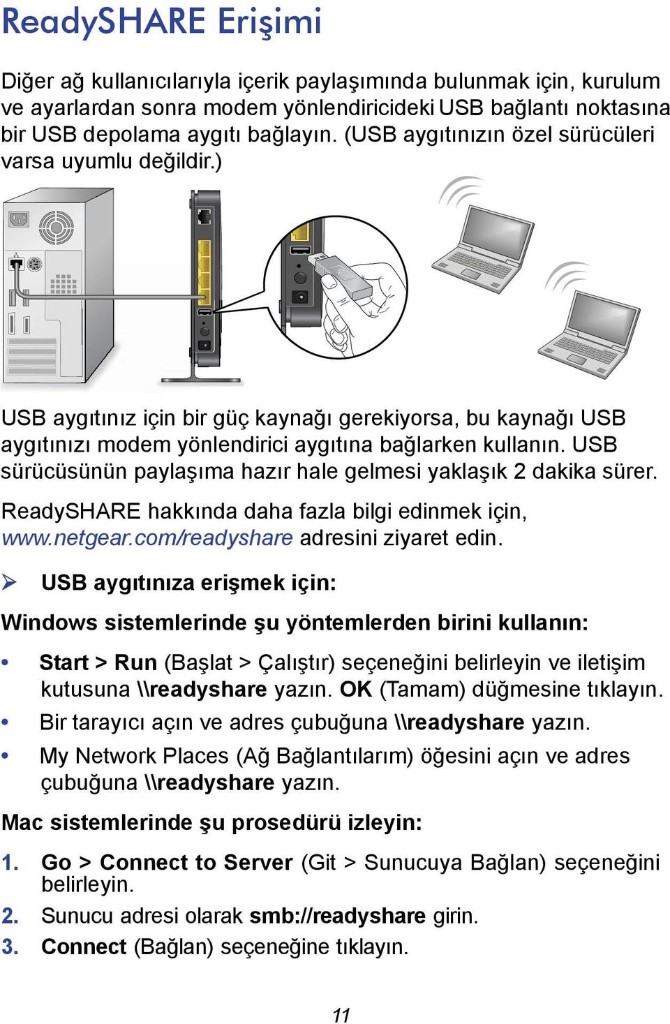 USB sürücüsünün paylaşıma hazır hale gelmesi yaklaşık 2 dakika sürer. ReadySHARE hakkında daha fazla bilgi edinmek için, www.netgear.com/readyshare adresini ziyaret edin.