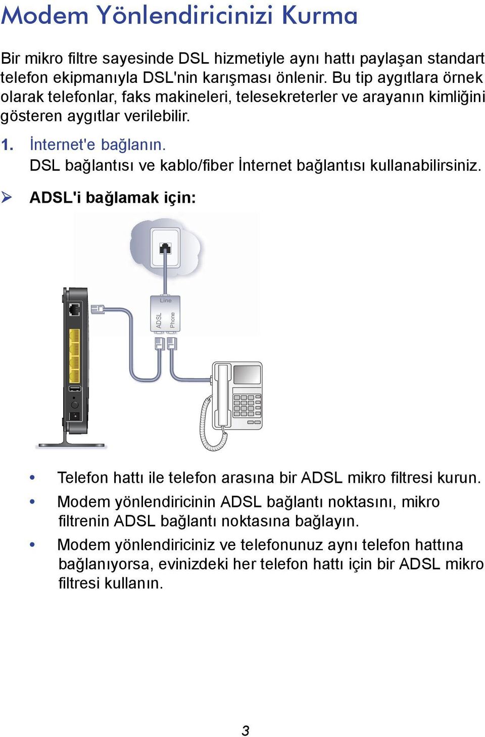 DSL bağlantısı ve kablo/fiber İnternet bağlantısı kullanabilirsiniz. ADSL'i bağlamak için: Line ADSL Phone Telefon hattı ile telefon arasına bir ADSL mikro filtresi kurun.