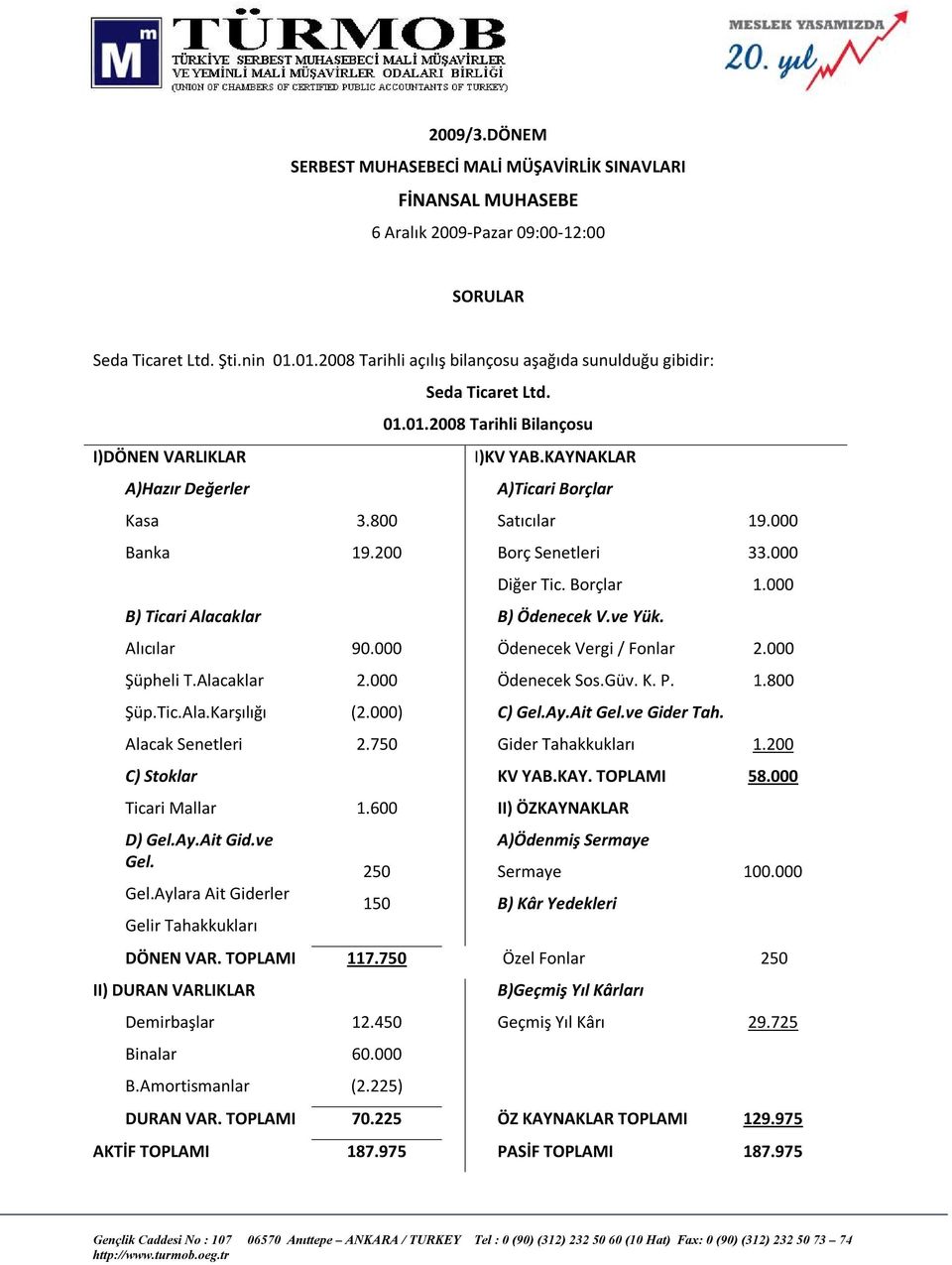 800 Satıcılar 19.000 Banka 19.200 Borç Senetleri Diğer Tic. Borçlar B) Ticari Alacaklar B) Ödenecek V.ve Yük. Alıcılar Şüpheli T.Alacaklar Şüp.Tic.Ala.Karşılığı 90.