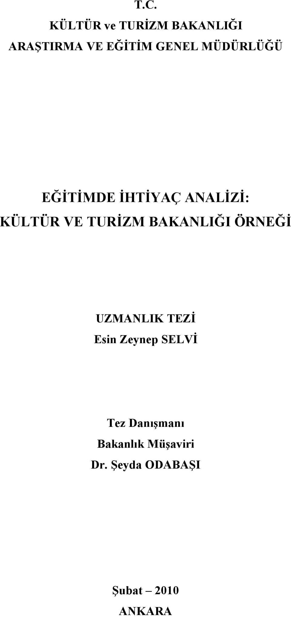 TURİZM BAKANLIĞI ÖRNEĞİ UZMANLIK TEZİ Esin Zeynep SELVİ