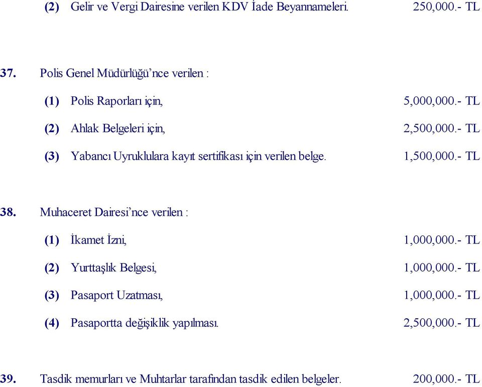 - TL (3) Yabancı Uyruklulara kayıt sertifikası için verilen belge. 1,500,000.- TL 38.