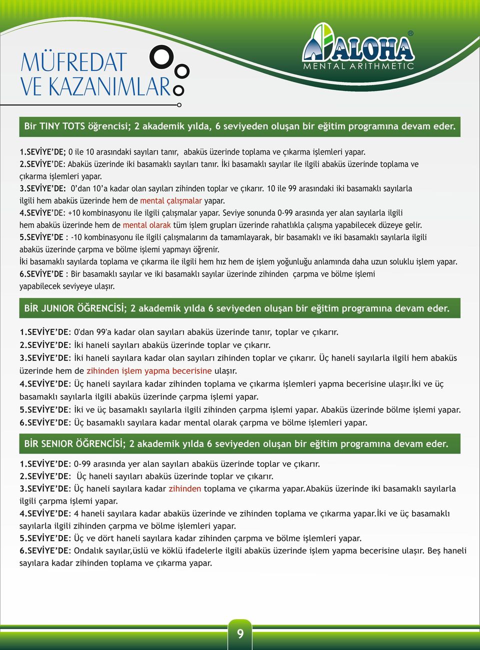 İki basamaklı sayılar ile ilgili abaküs üzerinde toplama ve çıkarma işlemleri yapar. 3.SEVİYE DE: 0 dan 10 a kadar olan sayıları zihinden toplar ve çıkarır.