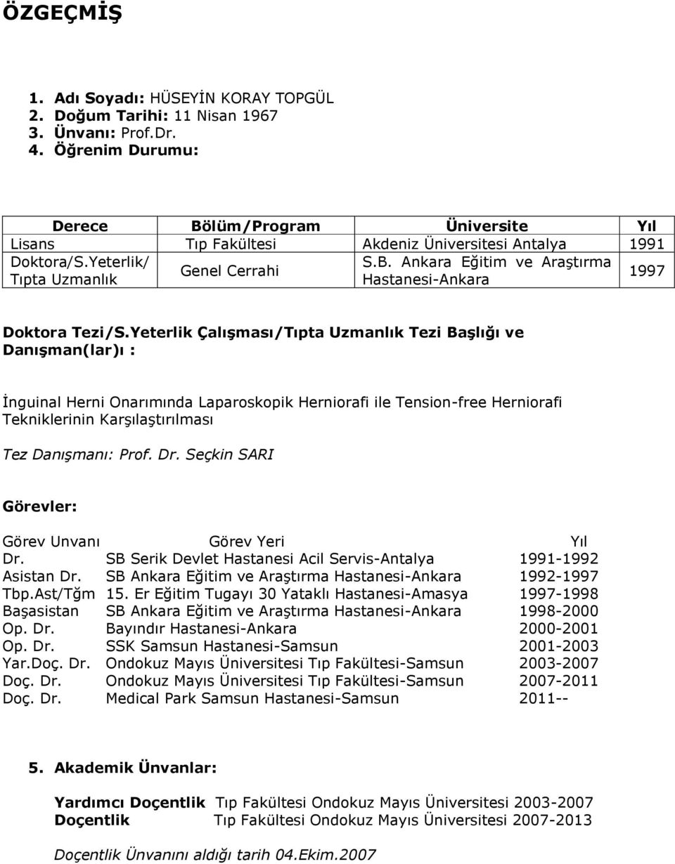 Yeterlik Çalışması/Tıpta Uzmanlık Tezi Başlığı ve Danışman(lar)ı : İnguinal Herni Onarımında Laparoskopik Herniorafi ile Tension-free Herniorafi Tekniklerinin Karşılaştırılması Tez Danışmanı: Prof.