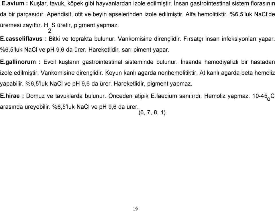 %6,5 luk NaCl ve ph 9,6 da ürer. Hareketlidir, sarı piment yapar. E.gallinorum : Evcil kuşların gastrointestinal sisteminde bulunur. İnsanda hemodiyalizli bir hastadan izole edilmiştir.