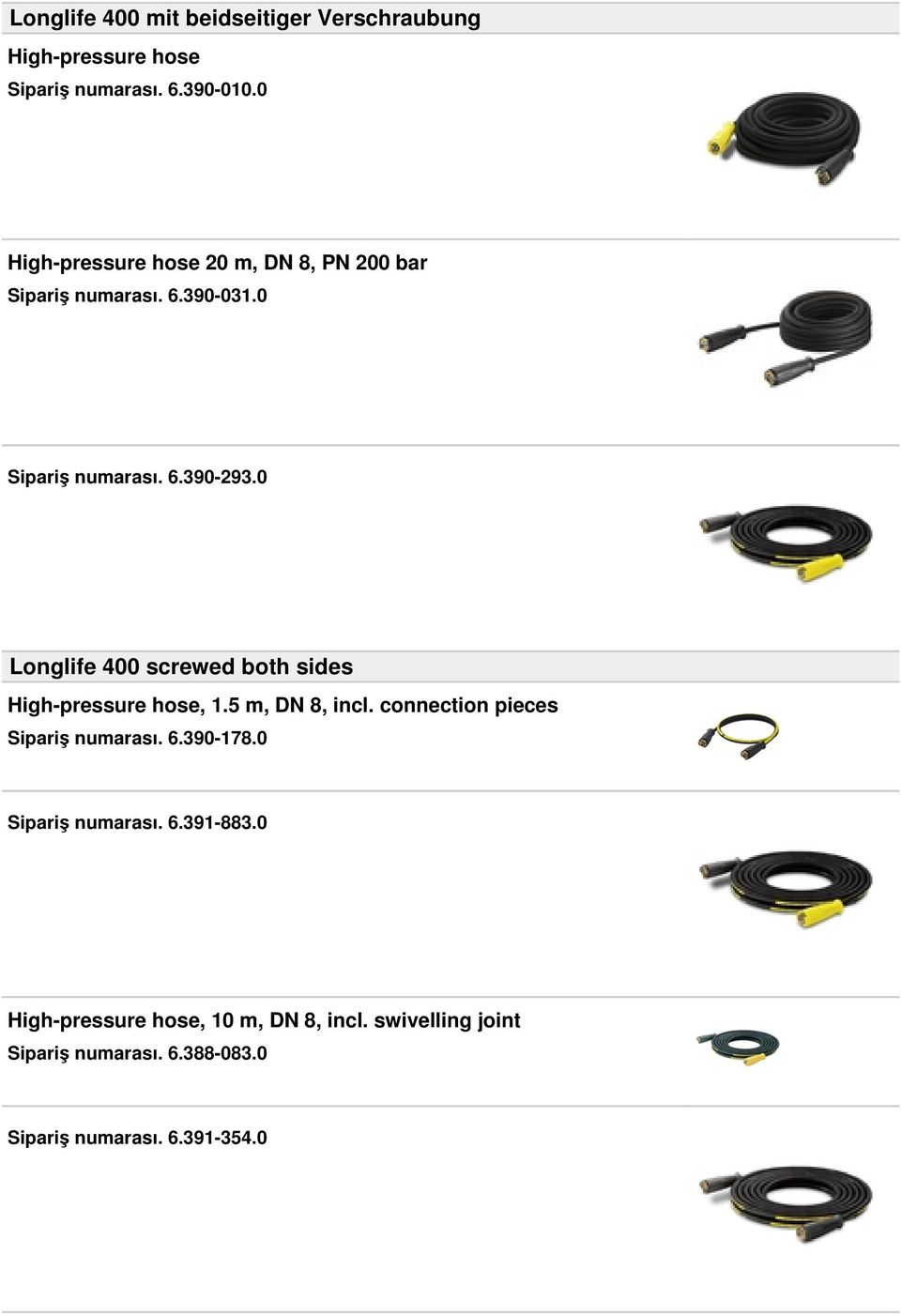 0 Longlife 400 screwed both sides High-pressure hose, 1.5 m, DN 8, incl. connection pieces Sipariş numarası. 6.