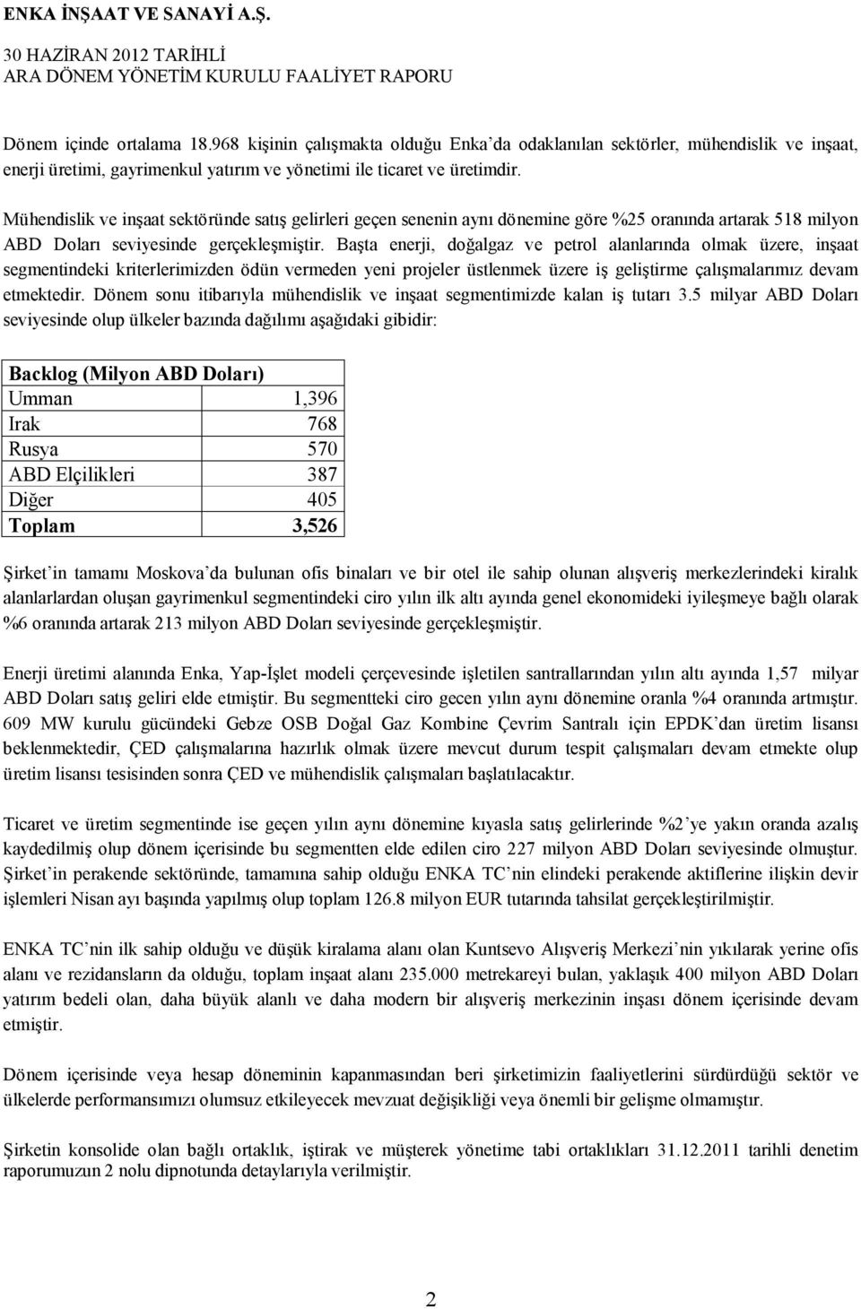 Başta enerji, doğalgaz ve petrol alanlarında olmak üzere, inşaat segmentindeki kriterlerimizden ödün vermeden yeni projeler üstlenmek üzere iş geliştirme çalışmalarımız devam etmektedir.