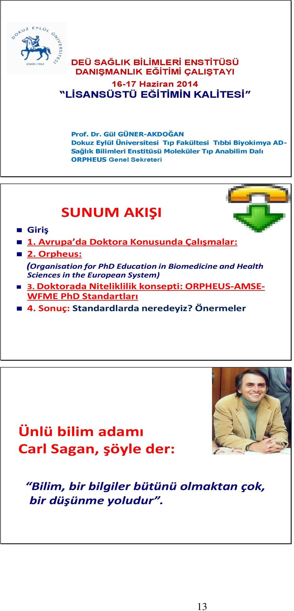 SUNUM AKIŞI 1. Avrupa da Doktora Konusunda Çalışmalar: 2. Orpheus: (Organisation for PhD Education in Biomedicine and Health Sciences in the European System) 3.