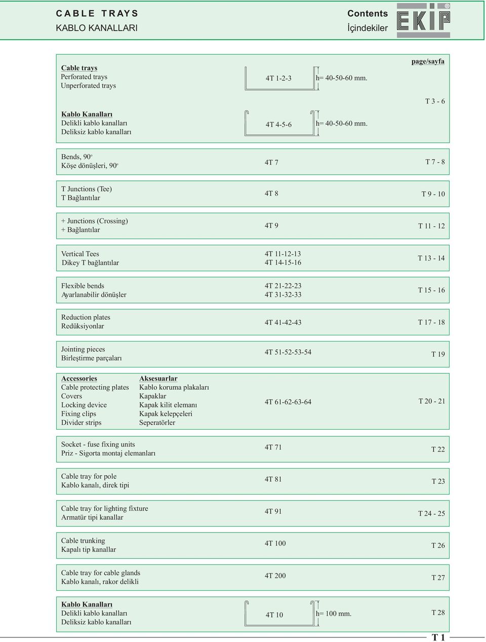 Flexible bends Aarlanabilir dönüşler 4T 21-22-23 4T 31-32-33 T15-16 Reduction plates Redüksionlar 4T 41-42-43 T17-18 Jointing pieces Birleştirme parçaları 4T 51-52-53-54 T19 Accessories Cable