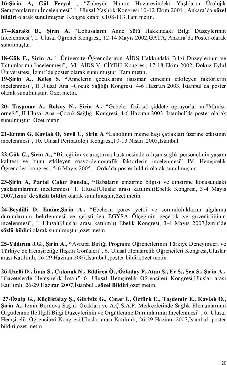 Ulusal Öğrenci Kongresi, 12-14 Mayıs 2002,GATA, Ankara da Poster olarak sunulmuştur. 18-Gök F., Şirin A. Üniversite Öğrencilerinin AİDS Hakkındaki Bilgi Düzeylerinin ve Tutumlarının İncelenmesi,,VI.