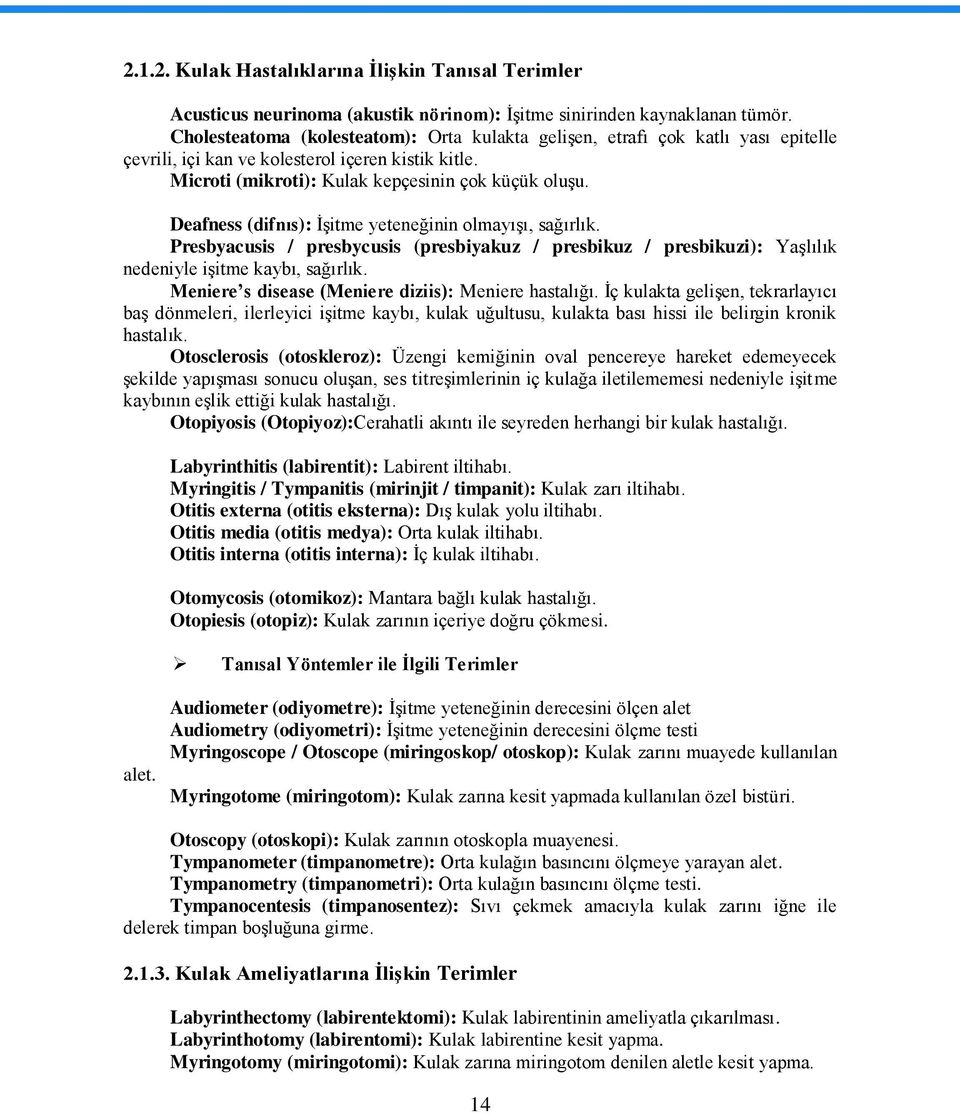 Deafness (difnıs): ĠĢitme yeteneğinin olmayıģı, sağırlık. Presbyacusis / presbycusis (presbiyakuz / presbikuz / presbikuzi): YaĢlılık nedeniyle iģitme kaybı, sağırlık.