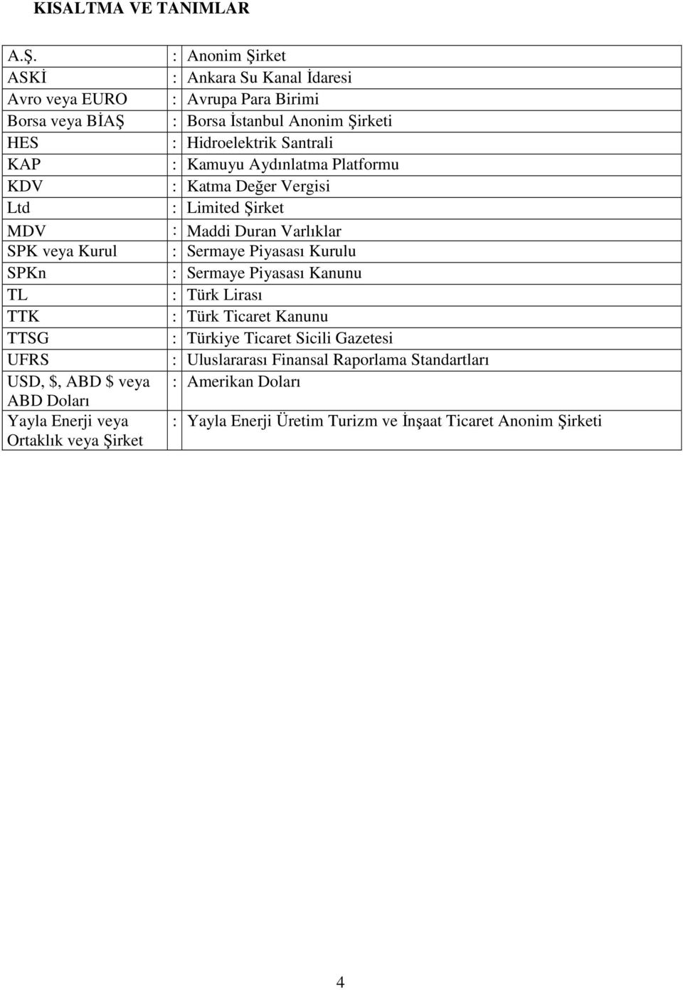 : Anonim Şirket : Ankara Su Kanal İdaresi : Avrupa Para Birimi : Borsa İstanbul Anonim Şirketi : Hidroelektrik Santrali : Kamuyu Aydınlatma Platformu : Katma