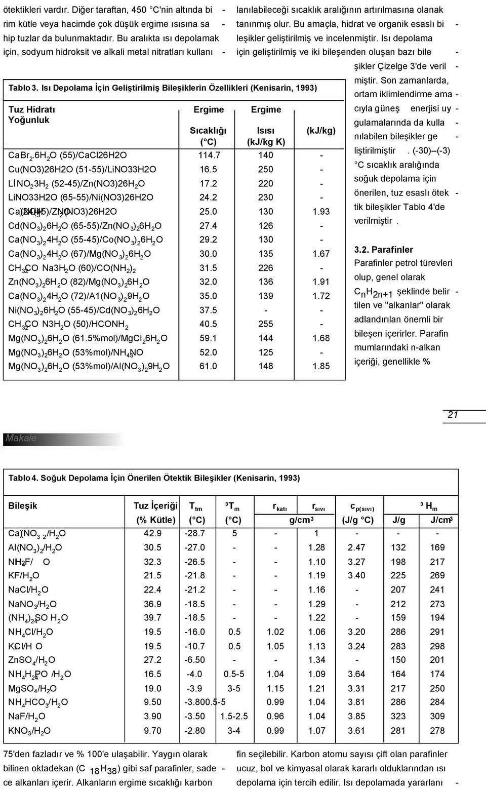 Isı Depolama Đçin Geliştirilmiş Bileşiklerin Özellikleri (Kenisarin, 1993) PCM sayısının artmasına, diğer yandan PCM'nin kul lanılabileceği sıcaklık aralığının artırılmasına olanak tanınmış olur.