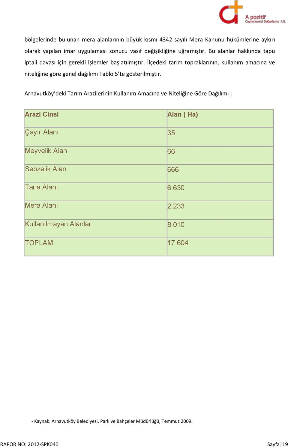 İlçedeki tarım topraklarının, kullanım amacına ve niteliğine göre genel dağılımı Tablo 5 te gösterilmiştir.