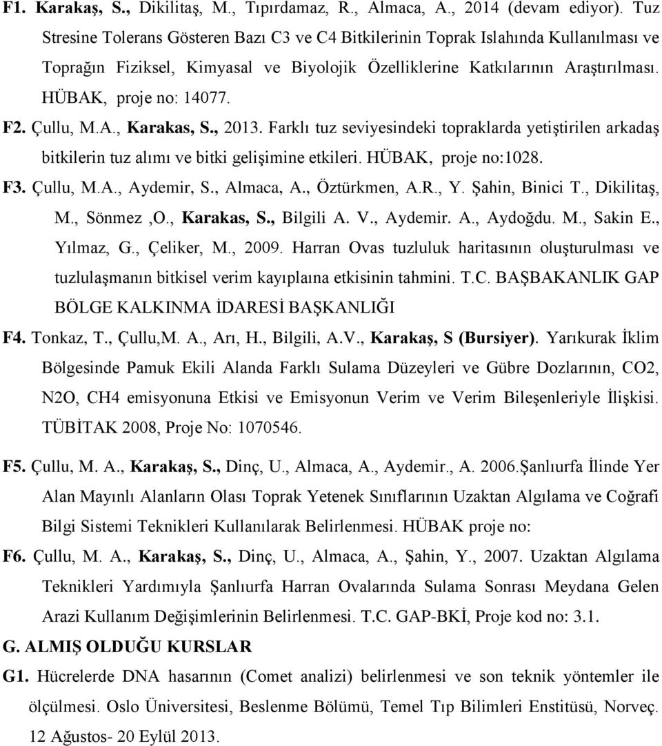 F2. Çullu, M.A., Karakas, S., 2013. Farklı tuz seviyesindeki topraklarda yetiģtirilen arkadaģ bitkilerin tuz alımı ve bitki geliģimine etkileri. HÜBAK, proje no:1028. F3. Çullu, M.A., Aydemir, S.