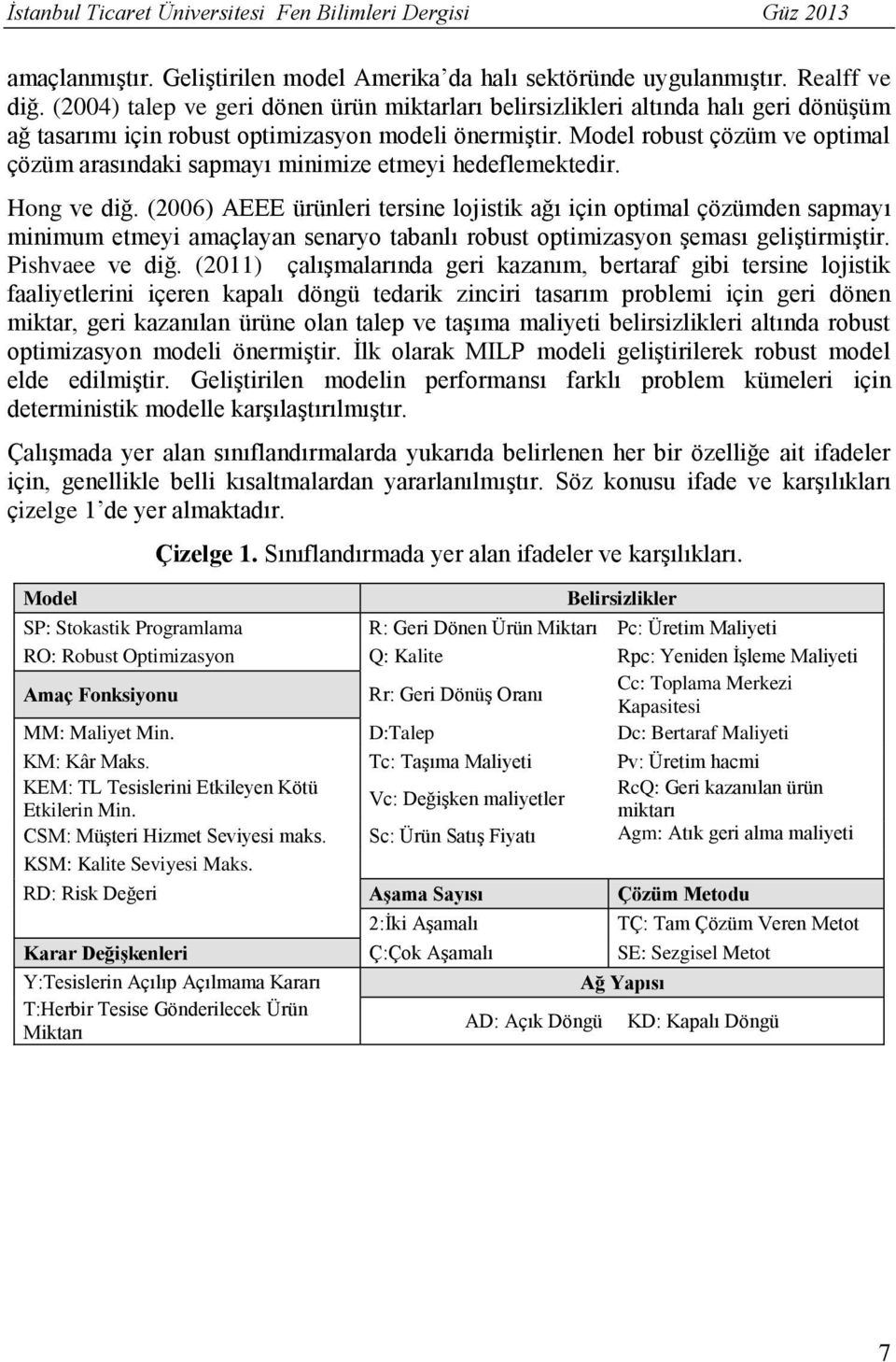 Model robust çözüm ve optimal çözüm arasındaki sapmayı minimize etmeyi hedeflemektedir. Hong ve diğ.