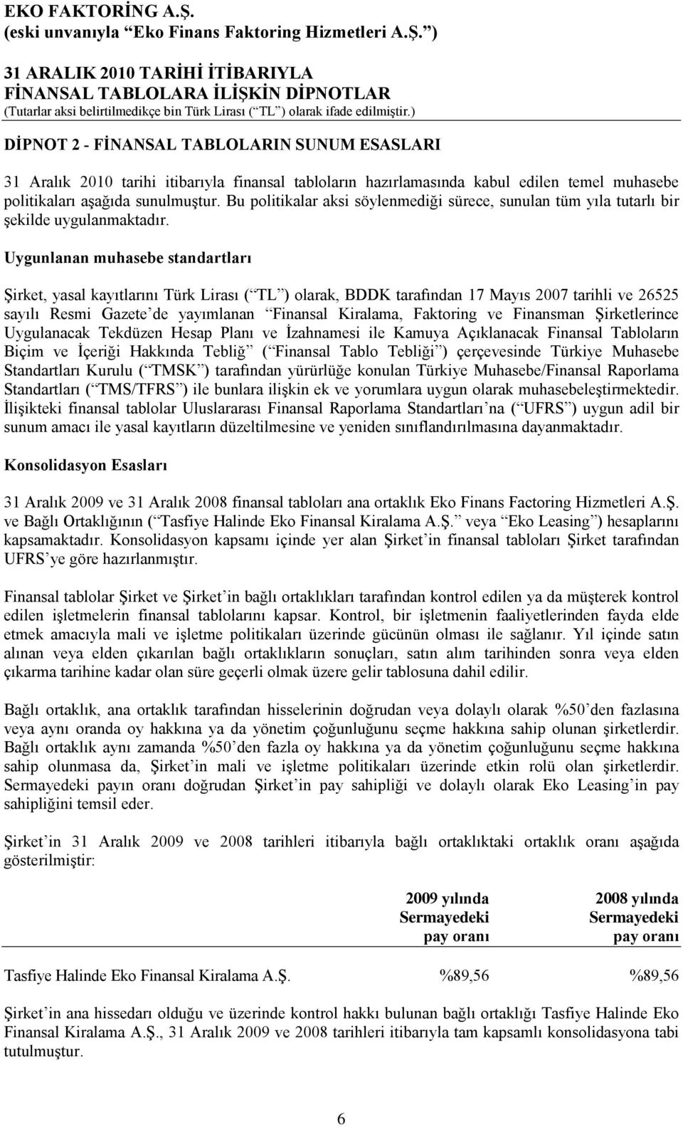Uygunlanan muhasebe standartları Şirket, yasal kayıtlarını Türk Lirası ( TL ) olarak, BDDK tarafından 17 Mayıs 2007 tarihli ve 26525 sayılı Resmi Gazete de yayımlanan Finansal Kiralama, Faktoring ve