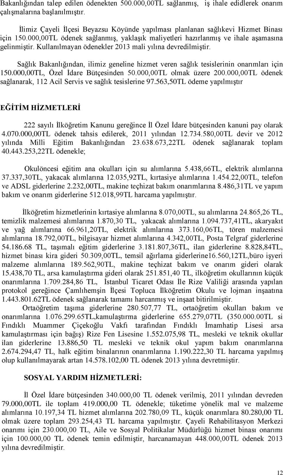 Kullanılmayan ödenekler 2013 mali yılına devredilmiştir. Sağlık Bakanlığından, ilimiz geneline hizmet veren sağlık tesislerinin onarımları için 150.000,00TL, Özel İdare Bütçesinden 50.