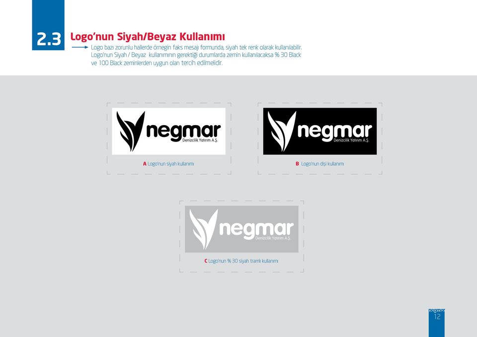 Logo nun Siyah / Beyaz kullanımının gerektiği durumlarda zemin kullanılacaksa % 30 Black ve