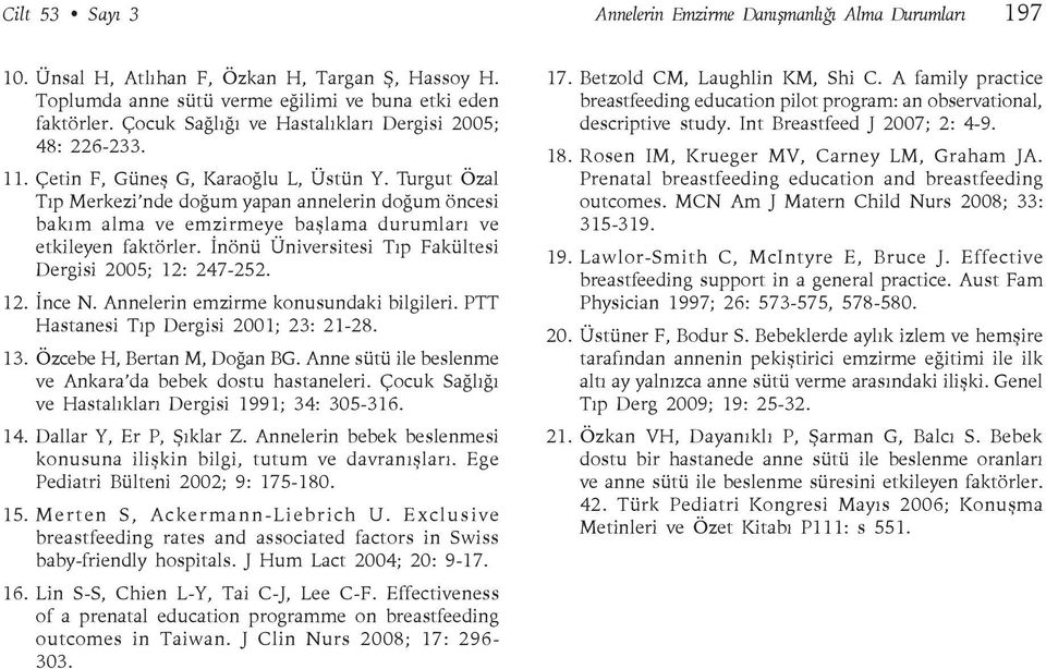 Turgut Özal Tıp Merkezi nde doğum yapan annelerin doğum öncesi bakım alma ve emzirmeye başlama durumları ve etkileyen faktörler. İnönü Üniversitesi Tıp Fakültesi Dergisi 2005; 12: 247-252. 12. İnce N.