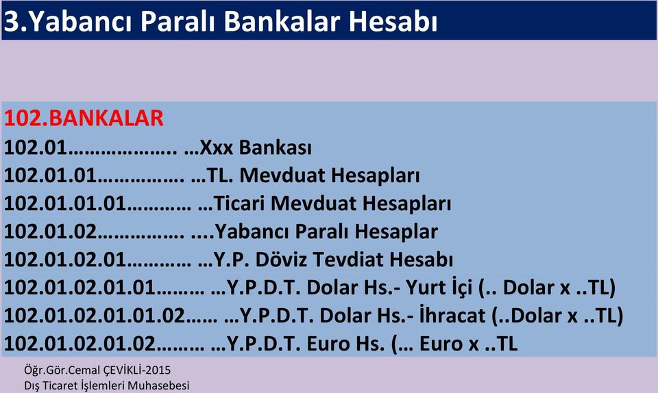 01.02.01 Y.P. Döviz Tevdiat Hesabı 102.01.02.01.01 Y.P.D.T. Dolar Hs.- Yurt İçi (.. Dolar x.