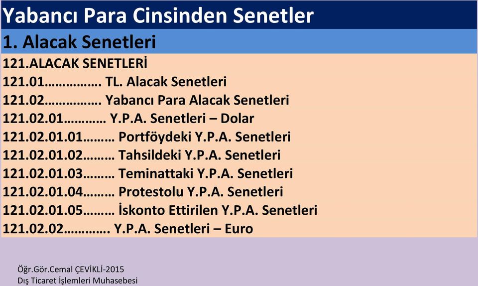 P.A. Senetleri 121.02.01.02 Tahsildeki Y.P.A. Senetleri 121.02.01.03 Teminattaki Y.P.A. Senetleri 121.02.01.04 Protestolu Y.